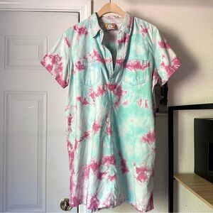 MOKUYOBI pink teal aqua tie dye polo short sleeve mini shirt dress